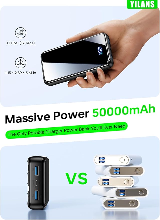 Portable Charger,50000mAh Power Bank Built-in Cable, 22.5W PD USB C In & Out Fast Charging, External Battery Pack with 6 Output & 2 Input, Travel Camping Essential for iPhone 17/16/15/14/13/12,Android