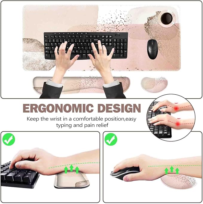 ToLuLu Extended Gaming Mouse Pad, Memory Foam Ergonomic Keyboard Mouse Wrist Rest Support Set, Large Desk Mat with Stitched Edges, Non-Slip Base Mousepad for Home Office Game Study, Pink Gold