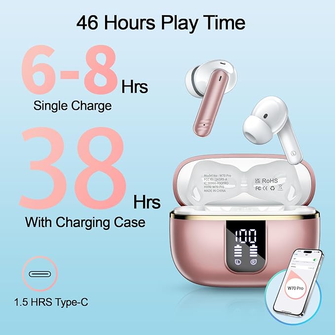 Wireless Earbuds, Bluetooth 5.4 Headphones with 4 Noise Cancelling Mic, 46H In-Ear Buds with 3D Bass Stereo Sound, Small Ears, LED Display, Calls Sports Workout, IPX7 Earphones for Android iOS, Pink