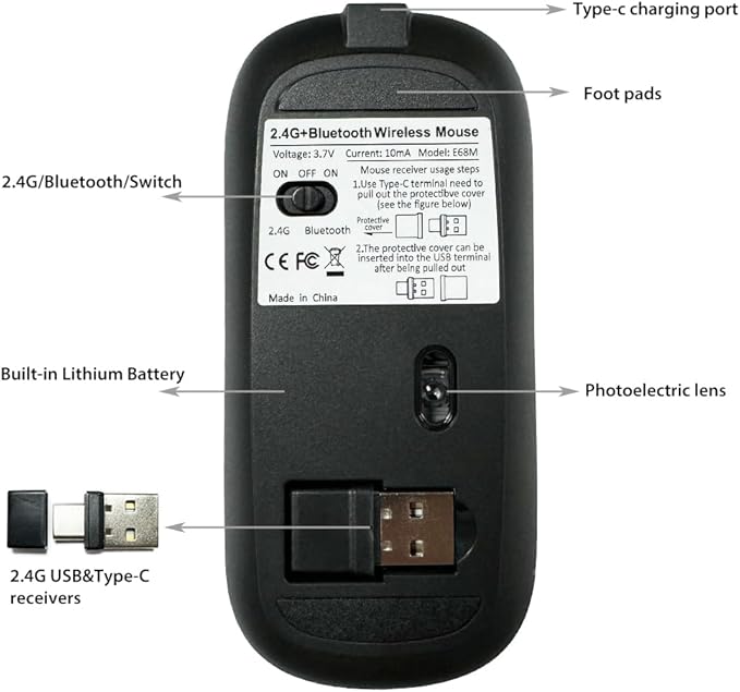 KLO Rechargeable Bluetooth 5.2/3.0/Type-C/USB-2.4G Mouse for MacBook/MacBook air/Pro/iPad, Wireless Mouse for Laptop/Notebook/pc/iPad/Chromebook (Black)
