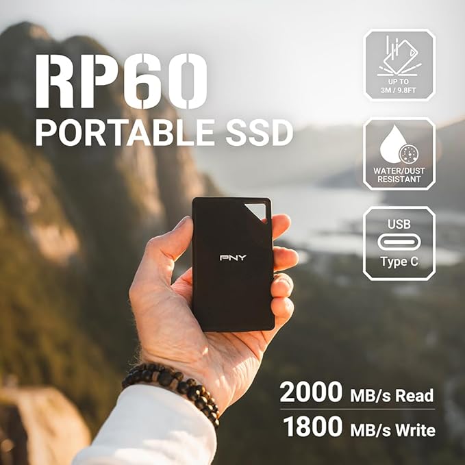 PNY RP60 1TB Portable SSD - Up to 2000MB/s, USB-C, USB 3.2 Gen2x2 - Rugged, IP65 Rated, Water/Dust/Drop Resistant - External Solid-State Drive - PSD0CS3060-1TB-RBA