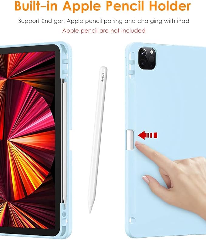 DTTO for iPad Pro 11 inch 4th/3rd/2nd/1st Generation 2022/2021/2020/2018 Case, Smart Slim Trifold Stand Soft TPU Back Cover with Built-in Pencil Holder, Also Fit iPad Air 5/4,Ice Blue