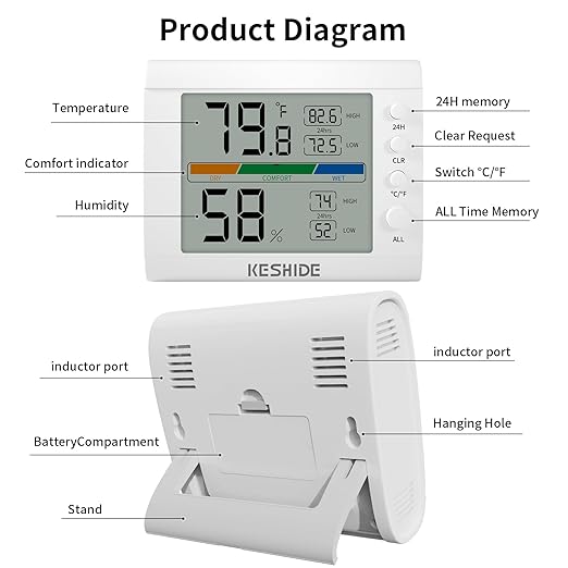 Hygrometer Thermometer Gauge Mini Digital, Monitor Indoor Outdoor Humidity Meter Temperature for Humidifiers Dehumidifiers Greenhouse Reptile Humidor White