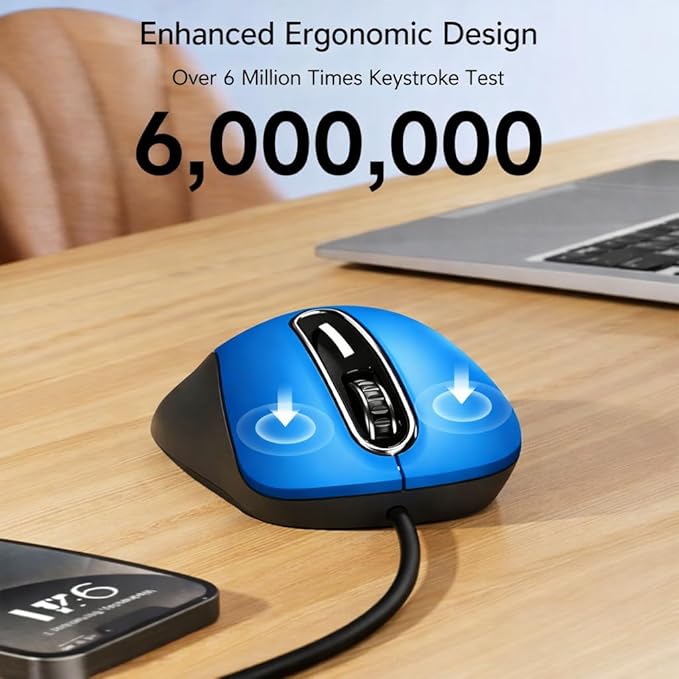 memzuoix Wired Mouse, USB Computer Mouse 1400 DPI Mobile Optical Mouse Ergonomic Design Computer Mice with 5FT Cord for Laptop, PC, Desktop, MacBook, 5 Buttons (Blue)