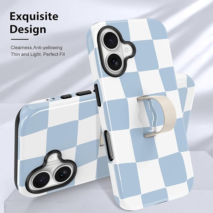 KANGHAR Compatible with iPhone 17 Case, Support for MagSafe, Silicone Checkered Cute Pattern, Finger Hold Wristband Kickstand Camera Protection Soft Slim Phone Case for Girls Women -Light Blue