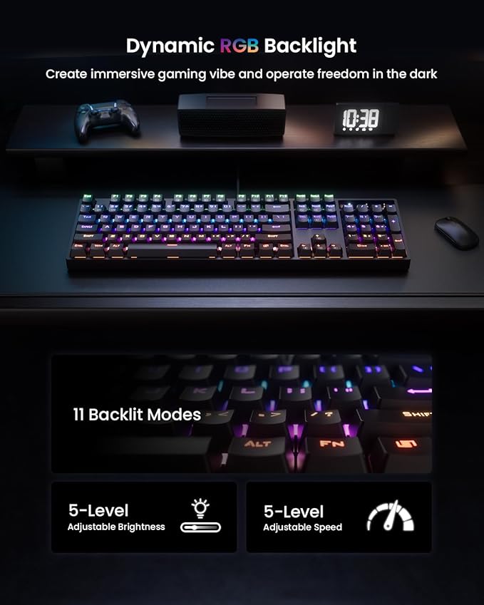 RGB Mechanical Gaming Keyboard Blue Switch, 104 Keys Full-Size Light Up Key-board with 11 Backlit Modes, Anti-Ghosting, Double-Shot ABS Keycaps, USB Wired Computer Key board for Windows PC Gamer