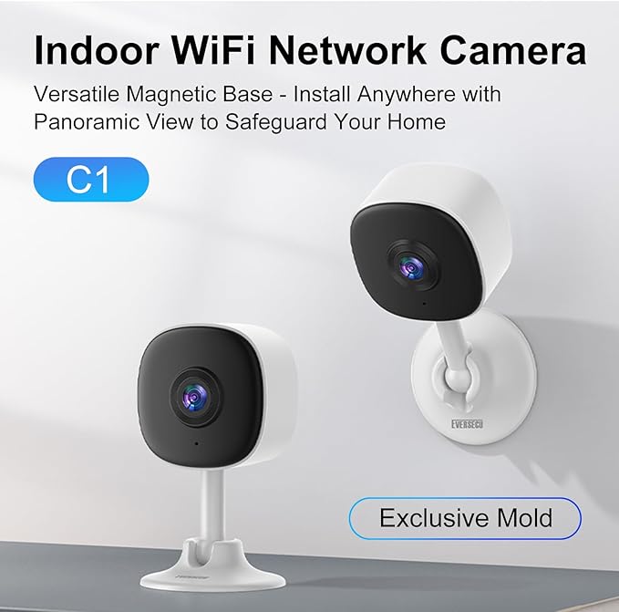 EVERSECU 2K Magnetic Security Camera for Home, Night Vision, Compact Pet Camera with Phone App, Motion Detection, 2-Way Audio, 2.4ghz WiFi Baby Monitor, Compatible with Alexa, Supports RTSP&ONVIF