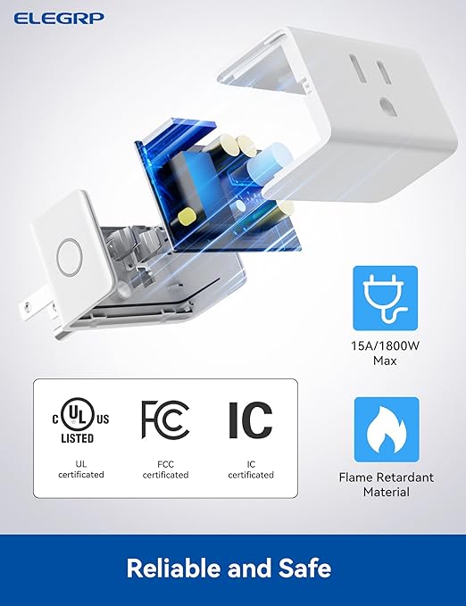 ELEGRP Matter Supported Mini Smart Plug, Smart Outlet 15A/1800W Max, Compatible with Apple Home, Siri, Alexa, Google Home, SmartThings, Compact Design, UL Certified, 2.4G Wi-Fi Only, White, 2 Pack