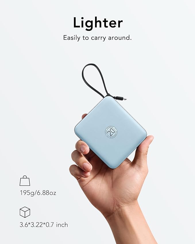 VRURC Portable Charger for iPhone with Built-in Cable, 10000mAh 22.5W Fast Charging USB C Battery Pack, Cell Phone Power Bank for iPhone 17 16 15 & Other Series (Blue)