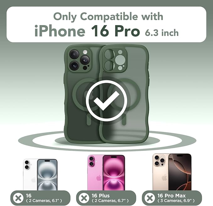 CAPRARO for iPhone 16 Pro Case for Women Girls, Upgraded [Full Camera Protection] [Compatible with MagSafe] Cute Wave Translucent Matte Phone Case for iPhone 16 Pro, Deep Green