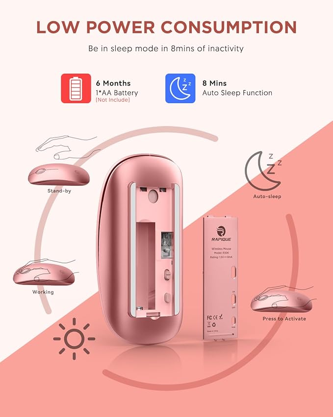 RAPIQUE Bluetooth Wireless Mouse - (BT5.1+USB) Dual Connectivity, Quiet Click, Low Power, and 1600 DPI, Portable Cordless Mouse for Mac, Laptop, MacBook Pro/Air, iPad (Rose Gold)
