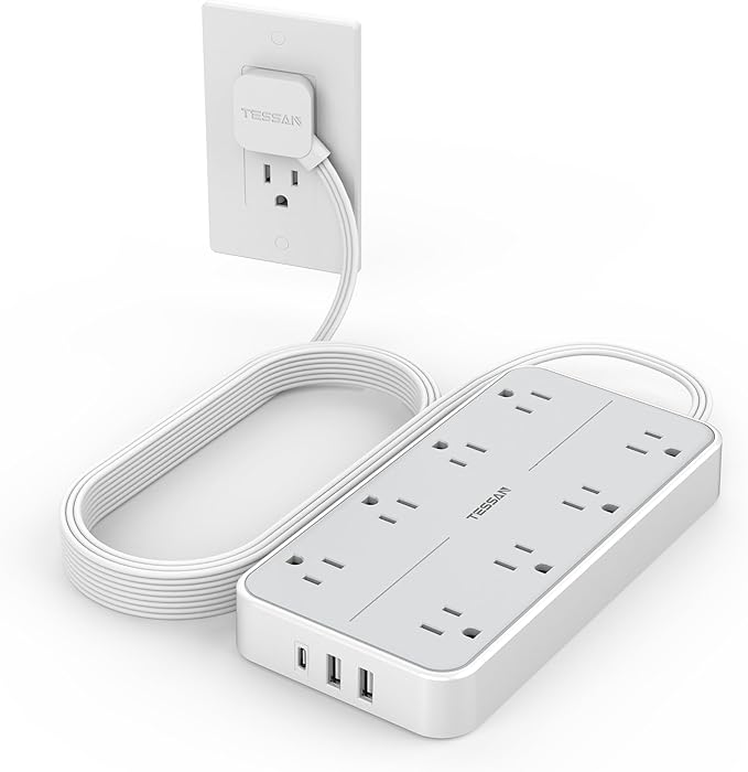 TESSAN Power Strip Surge Protector, 10FT Flat Plug Extension Cord with 8 Outlets 3 USB Charger(1 USB C), 1080 Joules Protection, Wall Mountable Charging Station for Home Office Dorm, Gray