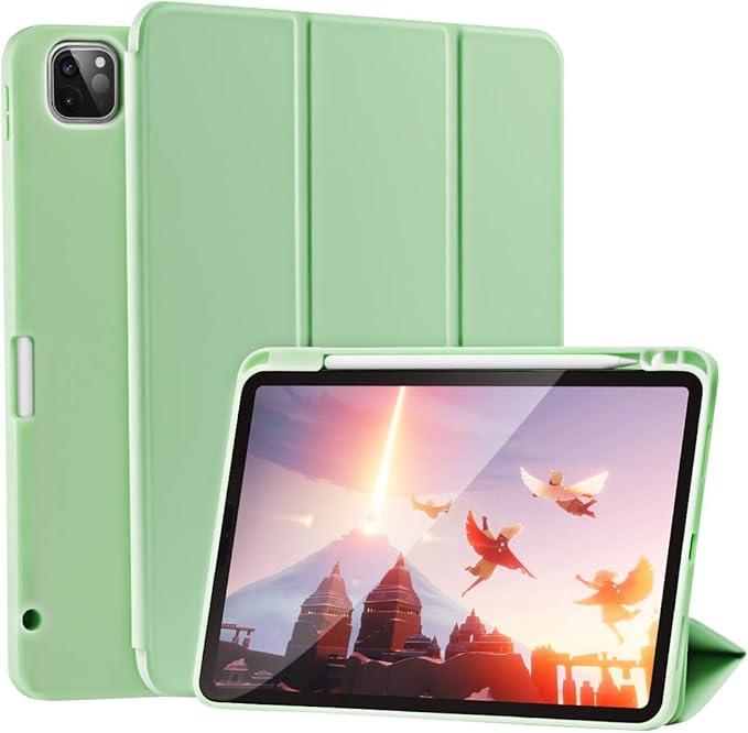 Case for iPad Pro 12.9 Case 6th/5th/4th Generation (2022/2021/2020) with Pencil Holder [Apple Pencil Wireless Charging] Soft TPU Smart Trifold Stand Protective Cover (Light Green)