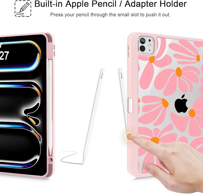 May Chen for iPad Pro 13 Inch Case M5 2025 / M4 2024, Built Pencil Holder & Clear Transparent Print Back Shell Slim Stand Shockproof Tablet Cover, Auto Wake/Sleep, Groovy Flower