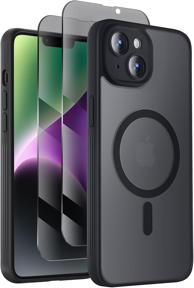 Symcele Designed for iPhone 14 Case, Compatible with MagSafe, with Privacy Screen Protectors X2, [Camera Protection] [15FT Military Drop Protection] Shockproof Phone Case, 6.1", Black