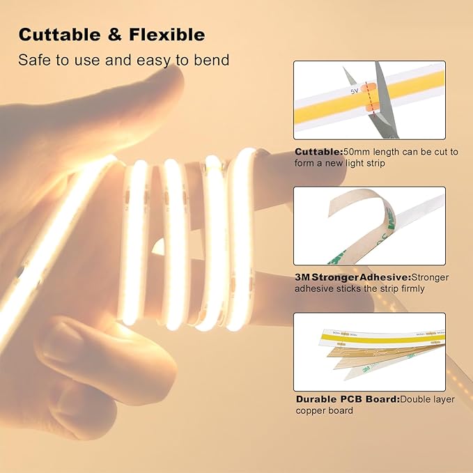 USB Light Strip Warm White 3000K CRI 92+ Small Dimmable COB LED Strip Light Cuttable 5V USB Powered 6 ft 10W for TV Backlight Cabinet Bedroom Indoor DIY Lighting Project