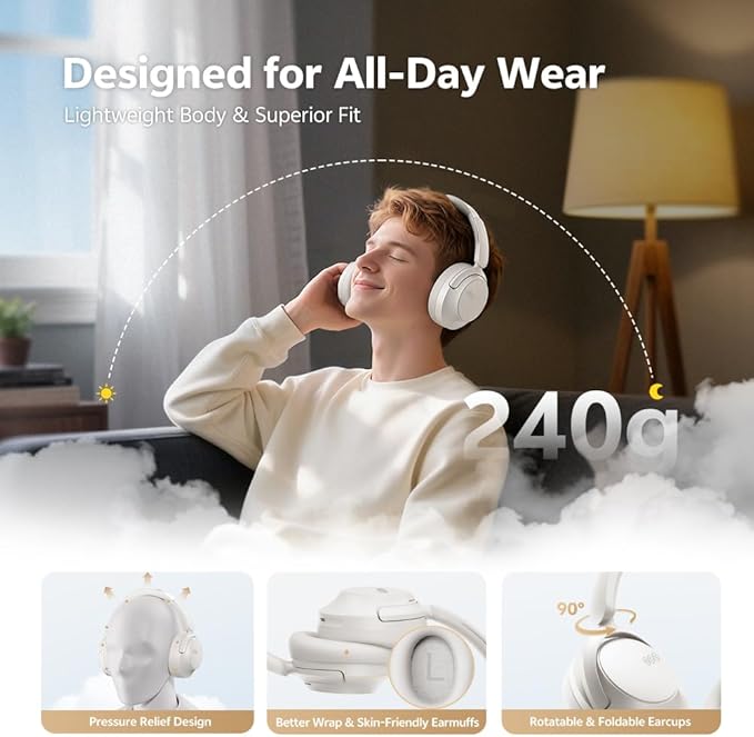 QCY H3S Wireless Over-Ear Headphones, Hybrid Active Noise Cancelling Headphones, Hi-Res Wireless, 102H Playtime, Fast Charging, Comfort Fit, Dual Connection, Bluetooth 6.0(White)
