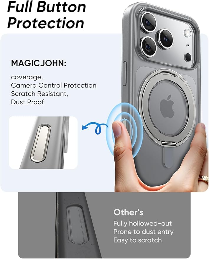 MAGIC JOHN 360° Rotatable Magnetic Invisible Stand for iPhone 17 Pro Case [Camera Control Button] [Compatible with MagSafe] 16FT Shockproof for iPhone 17 Pro Case with Kickstand, Gray
