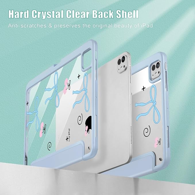 May Chen for iPad Pro 13 Inch Case M5 2025 / M4 2024, Built Pencil Holder & Clear Transparent Print Back Shell Slim Stand Shockproof Tablet Cover, Auto Wake/Sleep, Blue Bows Dog