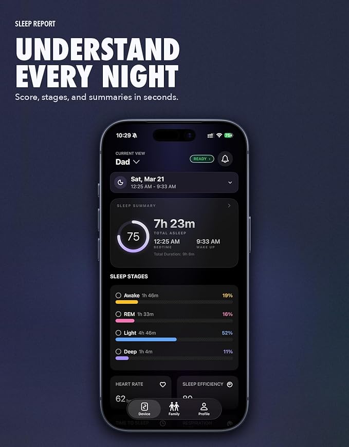 Non-Wearable Contactless Sleep Tracker & Sleep Monitor Device for Adults and Kids | No Subscription, Heart Rate, Breathing & Sleep Stage, Real-Time Monitoring, Smart Alarm