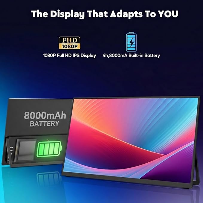 ZSCMALLS Battery Wireless Portable Monitor, 8000mAh 15.6" 1080P IPS USB-C/HDMI Second Screen, Built-in Speakers, Support AirPlay/Miracast for Laptop/Phone/Tablet/Switch/Xbox, Carry Bag Included
