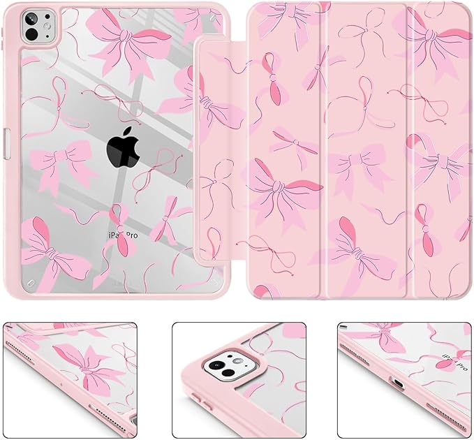 May Chen Case for iPad Pro 13-inch 2024 7th Generation M4 Chip, [Built Pencil Holder Supports Pencil 2/USB-C] Ultra Thin Clear Back Shell with Trifold Stand Support Auto Wake/Sleep, Pink Bows 13