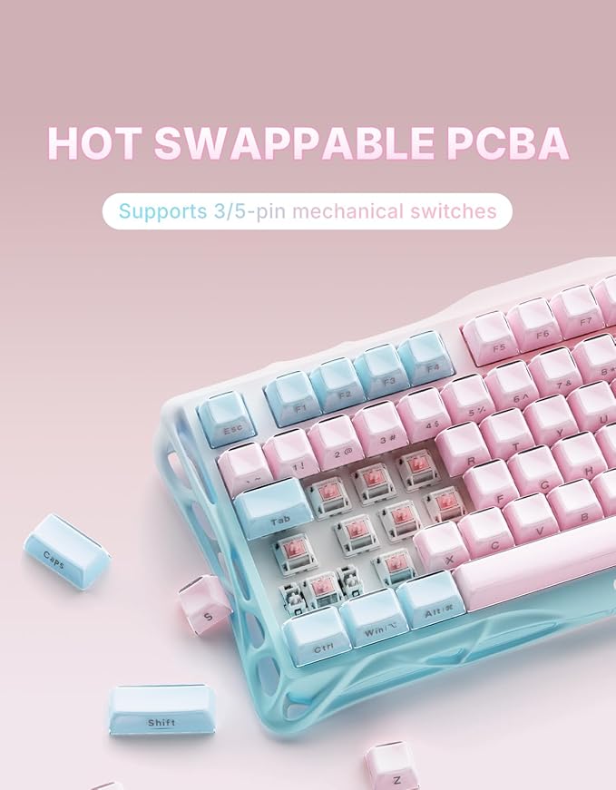 GravaStar Mercury K1 Lite 75% Gaming Keyboard, 2.4GHz/BT/Wired Tri-Mode Wireless Keyboard, Gasket Hot Swappable Mechanical Keyboard, Pre-lubed Linear Switches, Jelly Keycaps, RGB Backlit (Lumen Rose)