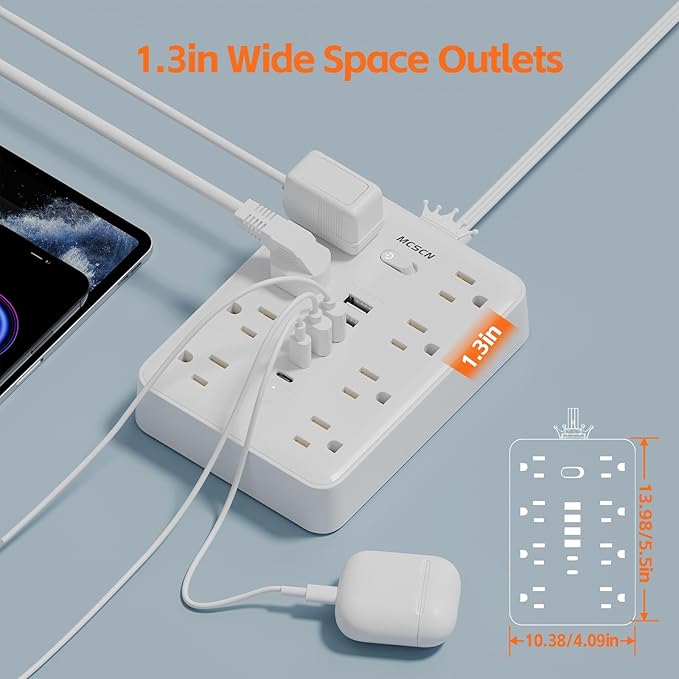 Extension Cord Flat Wall Plug with Surge Protector & 8 Outlets 6 USB Ports – 15A 1875W Power Strip for Home Office Dorm Room – 10ft Flat Cord in White – MCSCN