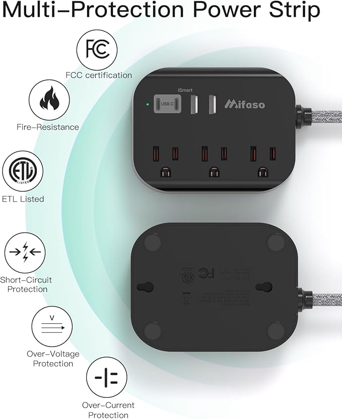 Travel Essentials - Mifaso Power Strip with USB, Compact Flat Plug Extension Cord 5ft with 3 Outlets 4 USB Ports, Non Surge Cruise Must Haves, Cruise Ship Essentials, Dorm Room, Apartment Essentials