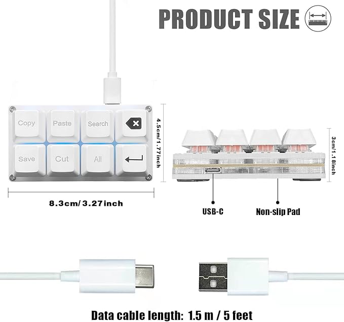 BTXETUEL Copy Paste Search Backspace Save Cut All Enter 8-Key Keyboard SayoDevice One Handed OSU Keypad Programmable Mechanical Shortcut Macro Keyboard for Working and Gaming (White)