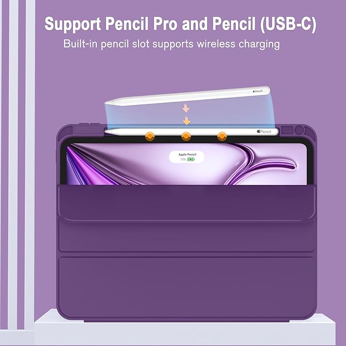 ZryXal New iPad Air 13 Inch Case M3 2025/M2 2024 with Pencil Holder, Trifold Stand Smart Case with Soft TPU Back,Auto Wake/Sleep(Dark Purple)