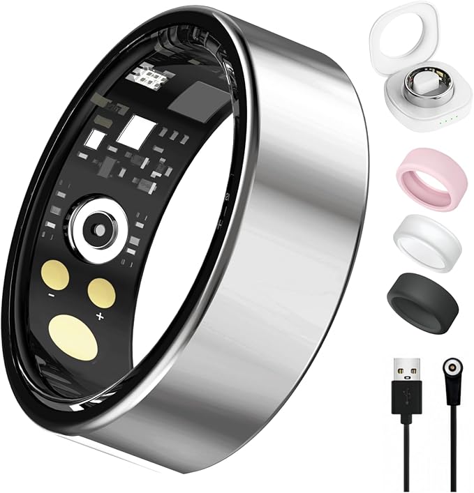 Smart Ring For Women Men, Health Tracker with Heart Rate/Blood Oxygen/Blood Pressure/Sleep Monitoring/Step Counting, IP68 Waterproof Fitness ring, No App Fees for iPhone & Android (Silver, 12#)