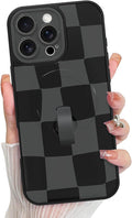 KANGHAR Compatible with iPhone 16 Pro Case, Support for MagSafe, Silicone Checkered Cute Pattern, Wristband Kickstand Camera Protection Soft Slim Cover for Girls Women -Black