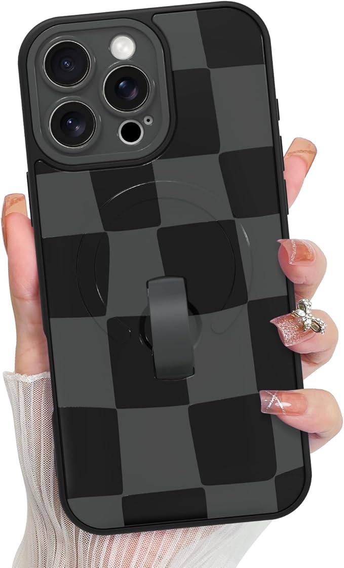 KANGHAR Compatible with iPhone 16 Pro Case, Support for MagSafe, Silicone Checkered Cute Pattern, Wristband Kickstand Camera Protection Soft Slim Cover for Girls Women -Black