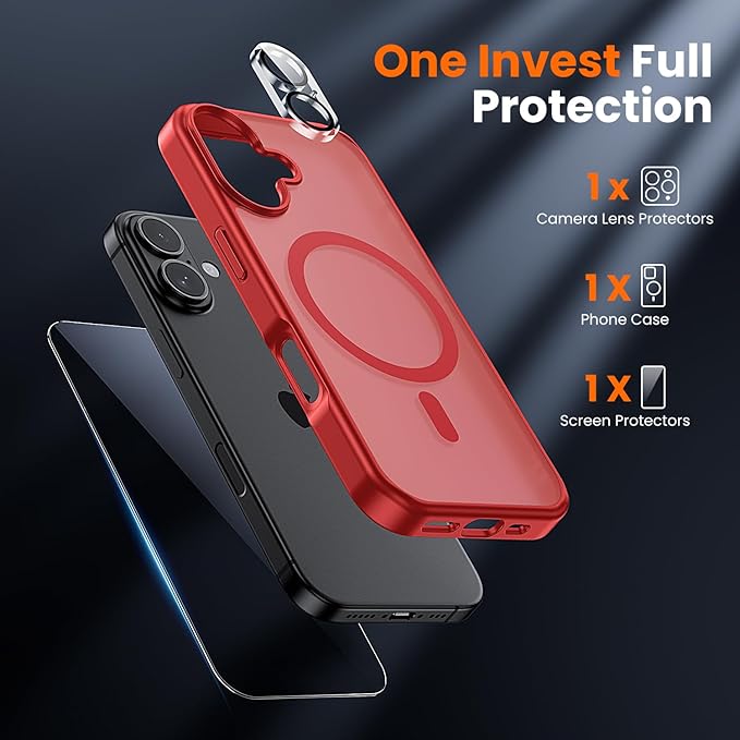 toushion 3 in 1 for iPhone 17 Case Matte Red,Fits MagSafe, Screen Protector*1 Camera Lens Protector*1,Matte Skin Feeling Back, Cover Military-Grade Protection