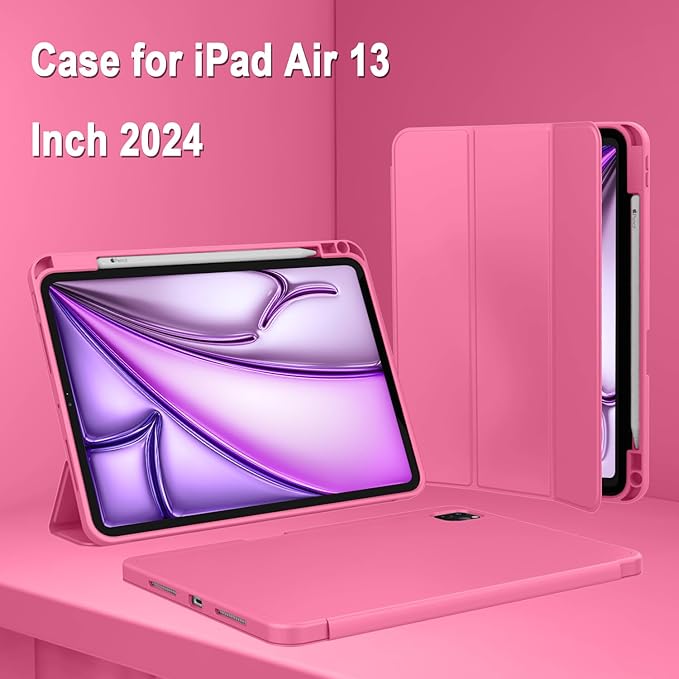 ZryXal New iPad Air 13 Inch Case M3 2025/M2 2024 with Pencil Holder, Trifold Stand Smart Case with Soft TPU Back,Auto Wake/Sleep(Peach Red)