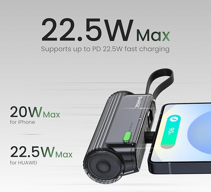 sharge Flow Mini 2 Power Bank with Built-in Cable 22.5W Max Portable Charger for Travel, Fast Charging Battery Pack with iOS and USB-C Connector for iPhone 17/16/15/14, Galaxy, Google, and More