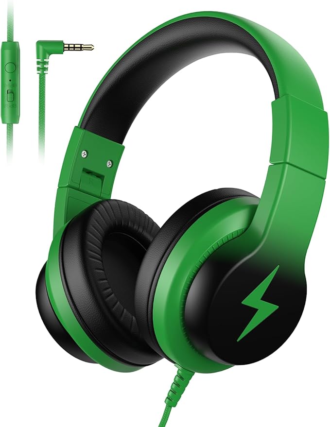 Candy Bila Kids Headphones, Wired Headphones for Kids Over Ear with Microphone, 85/94dB Volume Limiter Headphone for Girls Boys, Foldable Headphone for Learning & Entertainment, Black and Green