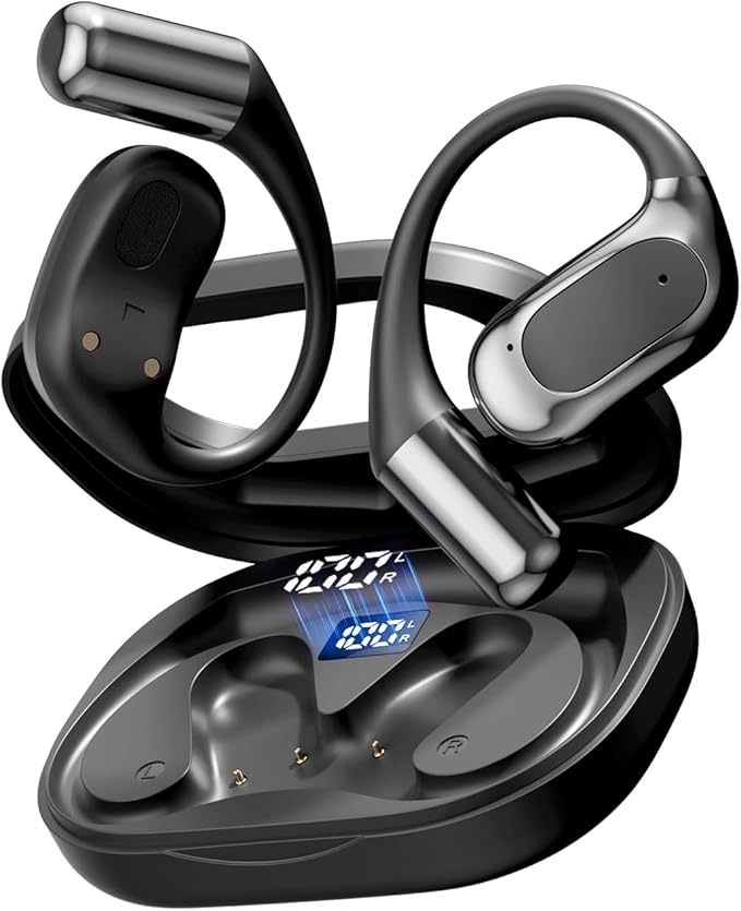 Open Ear Headphones Bluetooth Wireless Over Ear Earbuds with Ergonomic Earhook Ear Buds, Led Power Display,48h Playtime，Ipx6 Waterproof Comfortable for Workout，Cycling，Running (Black)