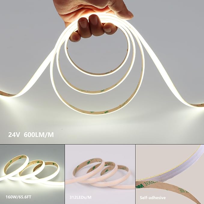 BENLUN 24V Diffused COB LED Strip Light 65.6ft (2 Rolls of 32.8ft), 6000K Cool White Outdoor Milky Silicone Waterproof, 11W/M CRI 93 LED Tape Lights with Power Supply for Bedroom Courtyard