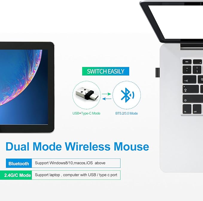 KLO Rechargeable Bluetooth 5.2/3.0/Type-C/USB-2.4G Mouse for MacBook/MacBook air/Pro/iPad, Wireless Mouse for Laptop/Notebook/pc/iPad/Chromebook (Black)