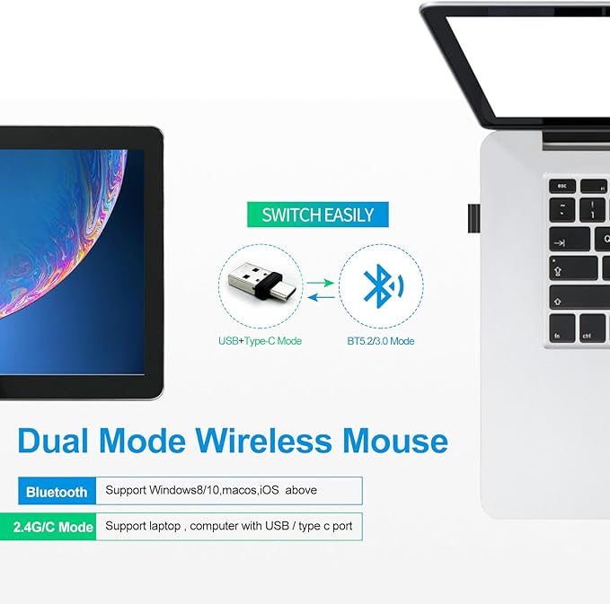 KLO Rechargeable Bluetooth 5.2/3.0/Type-C/USB-2.4G Mouse for MacBook/MacBook air/Pro/iPad, Wireless Mouse for Laptop/Notebook/pc/iPad/Chromebook (Grey)