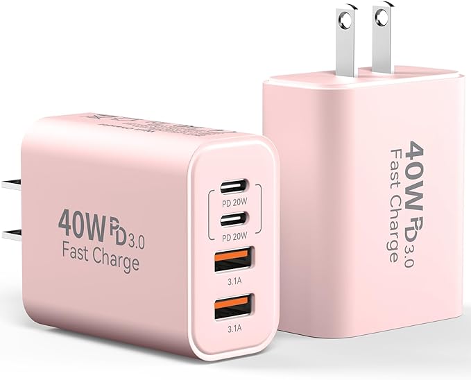 USB C Wall Charger Block, 2Pack 40W 4-Port C Charger Fast Charging Block PD Power Adapter +QC 3.0 USB A Wall Plug Multiport Type C Box Cube for i Phone 15/14/13/12/11 Pro Max, pad, Galaxy, Pink