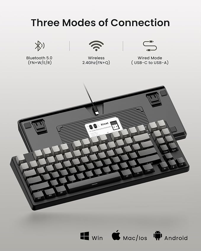 Kisnt KN85 Wireless Mechanical Gaming Keyboard, 75% Layout with RGB Backlit, Custom Hot Swappable, Creamy Sound, Bluetooth/2.4GHz/USB-C Compatible with Windows/Mac/PC(Gradient Gray, Side Printed)
