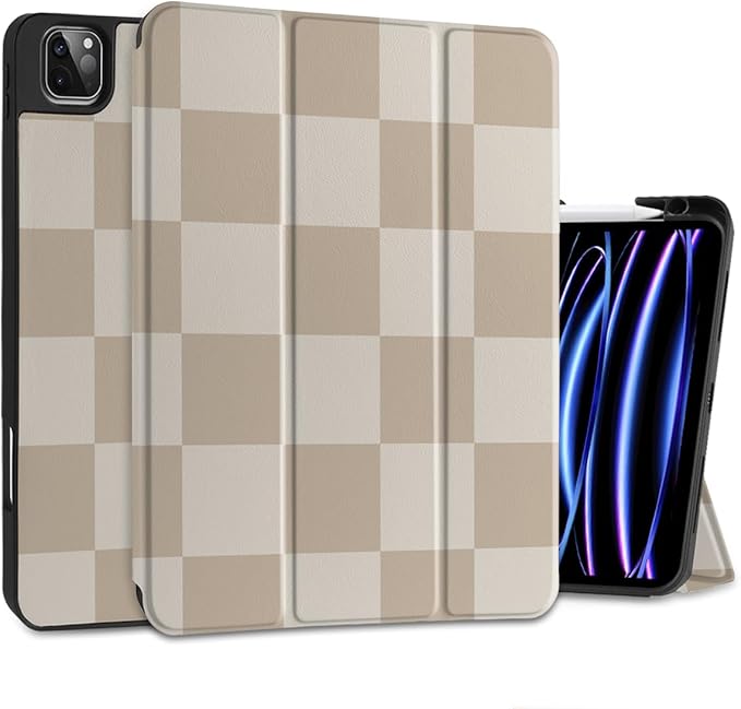 DONGKE Case for 2022/2021/2020/2018 iPad Pro 11 inch Gen 4/3/2/1 - Slim Protective Case - Built in Pencil Holder Support Charging - Trifold Stand & Sleep/Wake Cover- Beige Chessboard