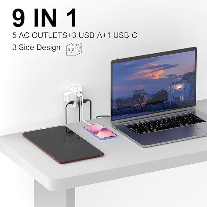 3-Sided Outlet Extender with Night Light - QINLIANF Multi Plug Outlet with 5 Outlets and 4 USB Ports(1 USB-C), USB Wall Charger for Home, Office, Travel, ETL Listed, White