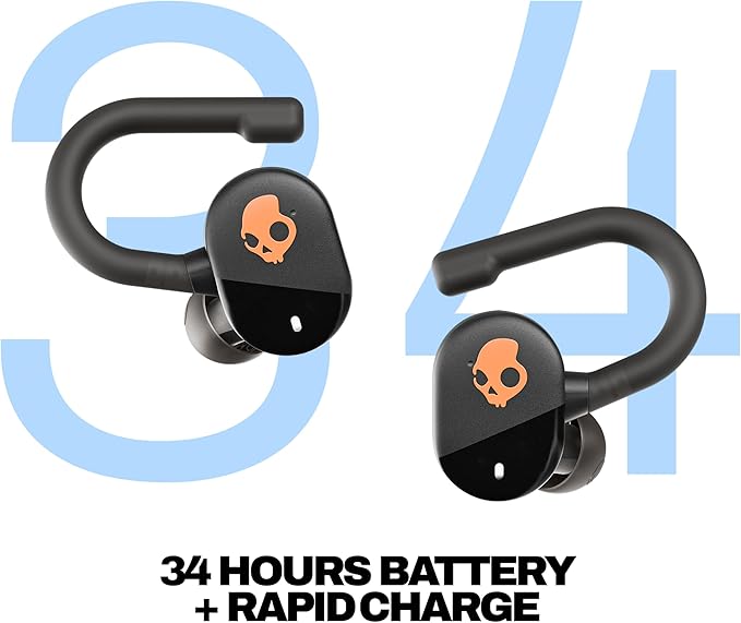 Skullcandy Push Play Active Wireless Earbuds, Bluetooth Headphones, Noise Isolating Fit, 34 Hrs Battery, Secure-Fit Over-Ear Hanger, Sweat Water Resistant, Microphone for iPhone Android - Black/Orange