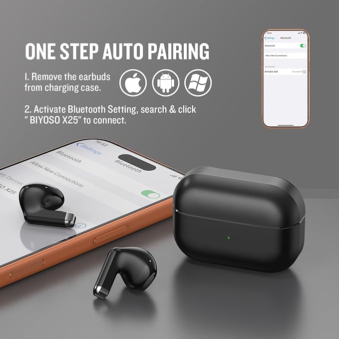 X25 Wireless Earbuds, Semi-in-Ear Headphones, Super Bass Sound Earphone, Bluetooth 5.3 with Microphone, Hands-Free Call, 50H Standby time, Auto Pairing for Apple AirPods