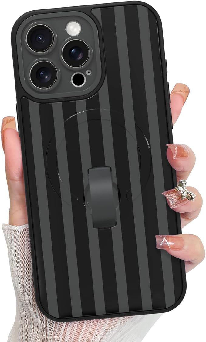 KANGHAR Compatible with iPhone 15 Pro Max Case, Support for MagSafe, Silicone Stripes Cute Pattern, Wristband Kickstand Camera Protection Soft Slim Cover for Girls Women -Black