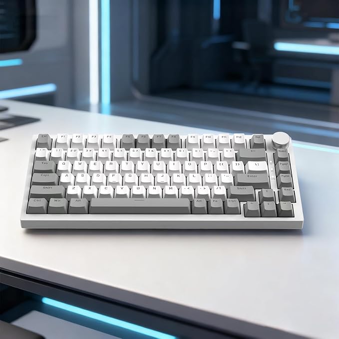 FIRSTBLOOD ONLY GAME. AK820 Wired 75% Mechanical Keyboard, Hot-Swappable Gasket-Mounted Gaming Keyboard with Red Switches, 81 PBT Keycaps Grey-White Layout, Multimedia Keys Knob, White Backlit